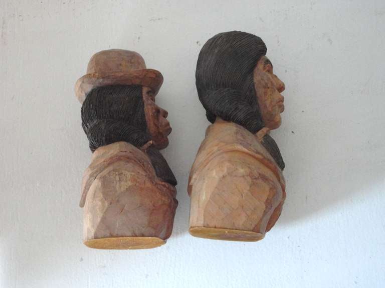 Wood  Pair Of Folk Hand Carved & Painted Indians -Signed J.I.Lizio For Sale
