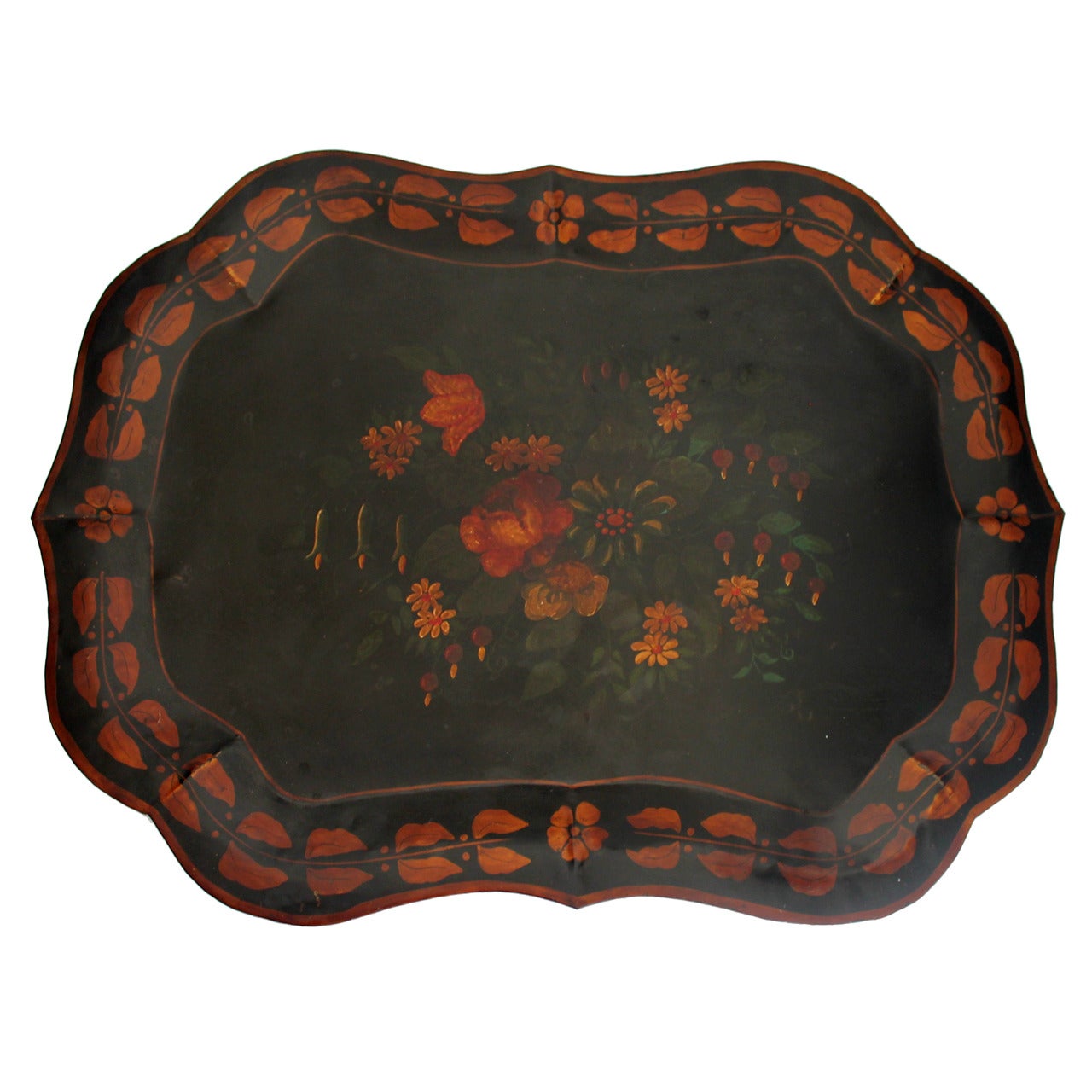 Grand plateau en étain décoré de peinture d'origine du 19ème siècle