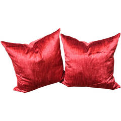 Pair of Silky Coral Red Velvet Pillows