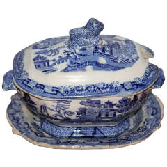 Antique Early Mid-19th Century Three-Piece Set of Blue Willow English Diminutive Tureens