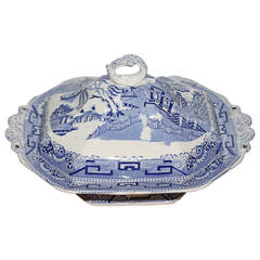 Antique Early 19th Century Blue Willow/Transfer Ironstone Tureen