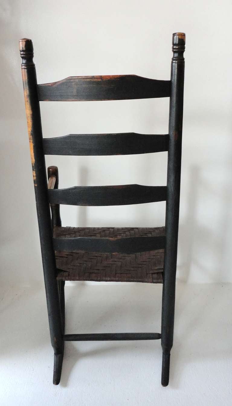 American 18thc Original Dark Green Ladder Back Chair From New England