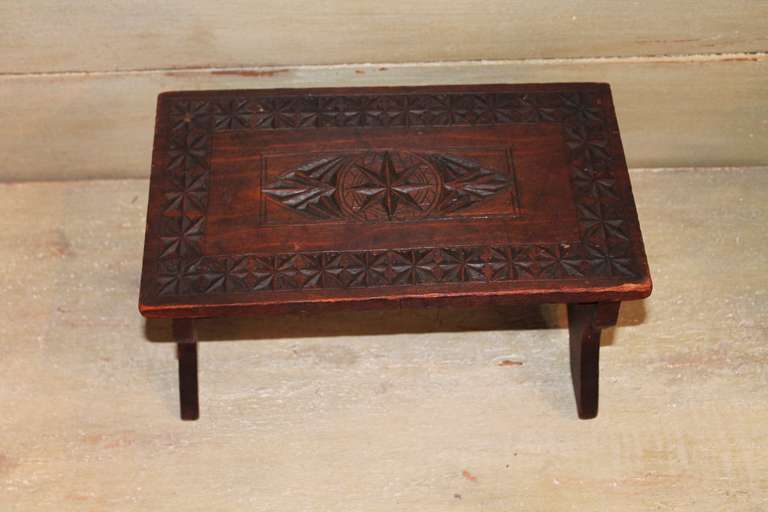 American 19th Century Hand Carved Walnut Folk Art Stool  with Heart Cut Outs