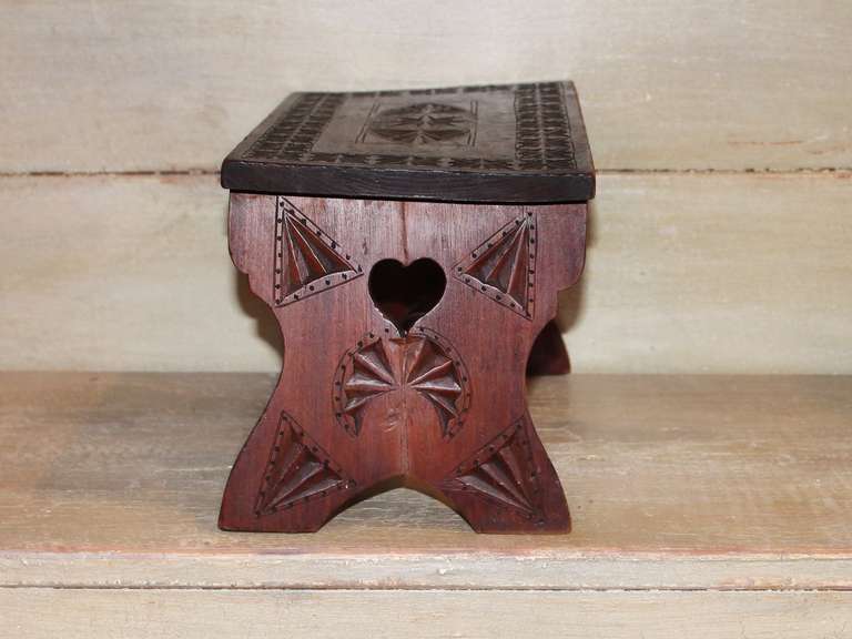 19th Century Hand Carved Walnut Folk Art Stool  with Heart Cut Outs In Excellent Condition In Los Angeles, CA