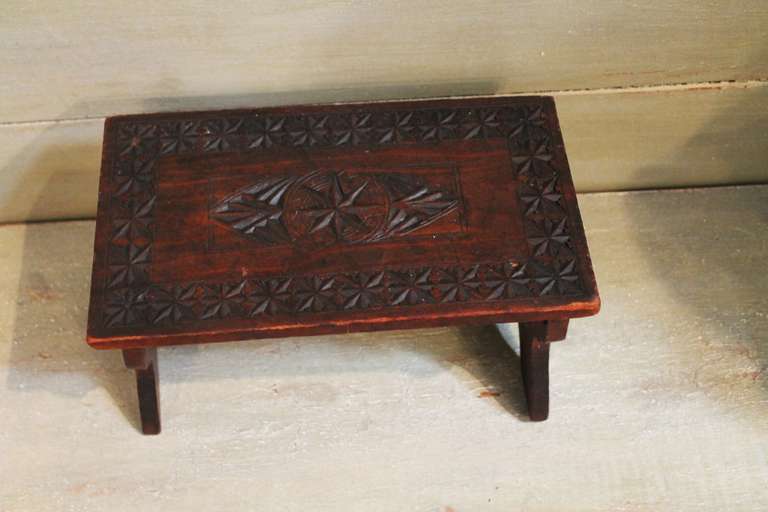 19th Century Hand Carved Walnut Folk Art Stool  with Heart Cut Outs 1