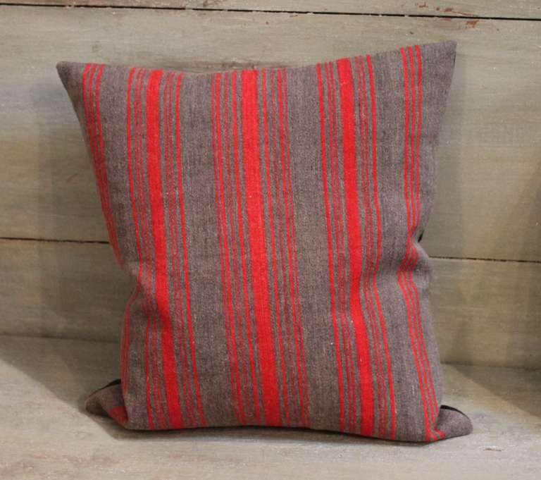 American 19th Century Early Wool Red & Brown Striped Ticking Pillows