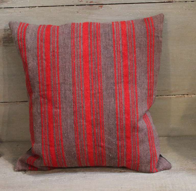 19th Century Early Wool Red & Brown Striped Ticking Pillows In Excellent Condition In Los Angeles, CA