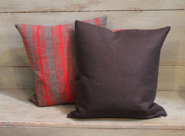 19th Century Early Wool Red & Brown Striped Ticking Pillows 1