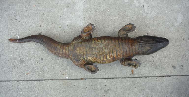 American Monumental 19th Century Cast Iron Original Painted  Sculptural Alligator