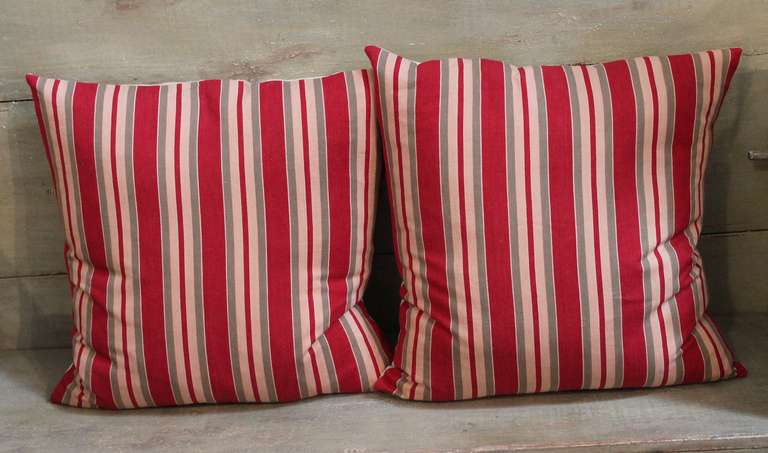 American 19th Century Fantastic Pair of Red and Tan Ticking Pillows For Sale