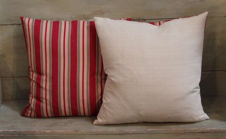 19th Century Fantastic Pair of Red and Tan Ticking Pillows In Excellent Condition For Sale In Los Angeles, CA