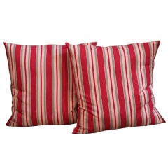 19th Century Fantastic Pair of Red and Tan Ticking Pillows
