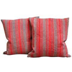 19th Century Early Wool Red & Brown Striped Ticking Pillows