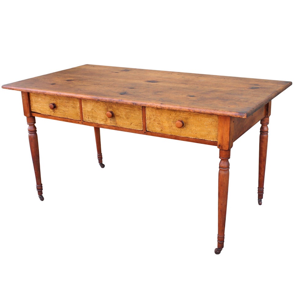 19th Century New England  Three Drawer Farm Table/Desk