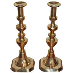 Antique Pair of 18th Century English Brass Tall Candlestick Holders