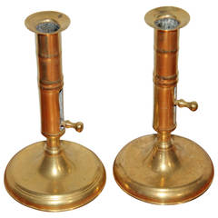 Antique Pair of 18th Century Brass Push Up Candlestick Holders