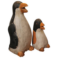 Antique Pair of Folk Art Carved and Painted Penguins
