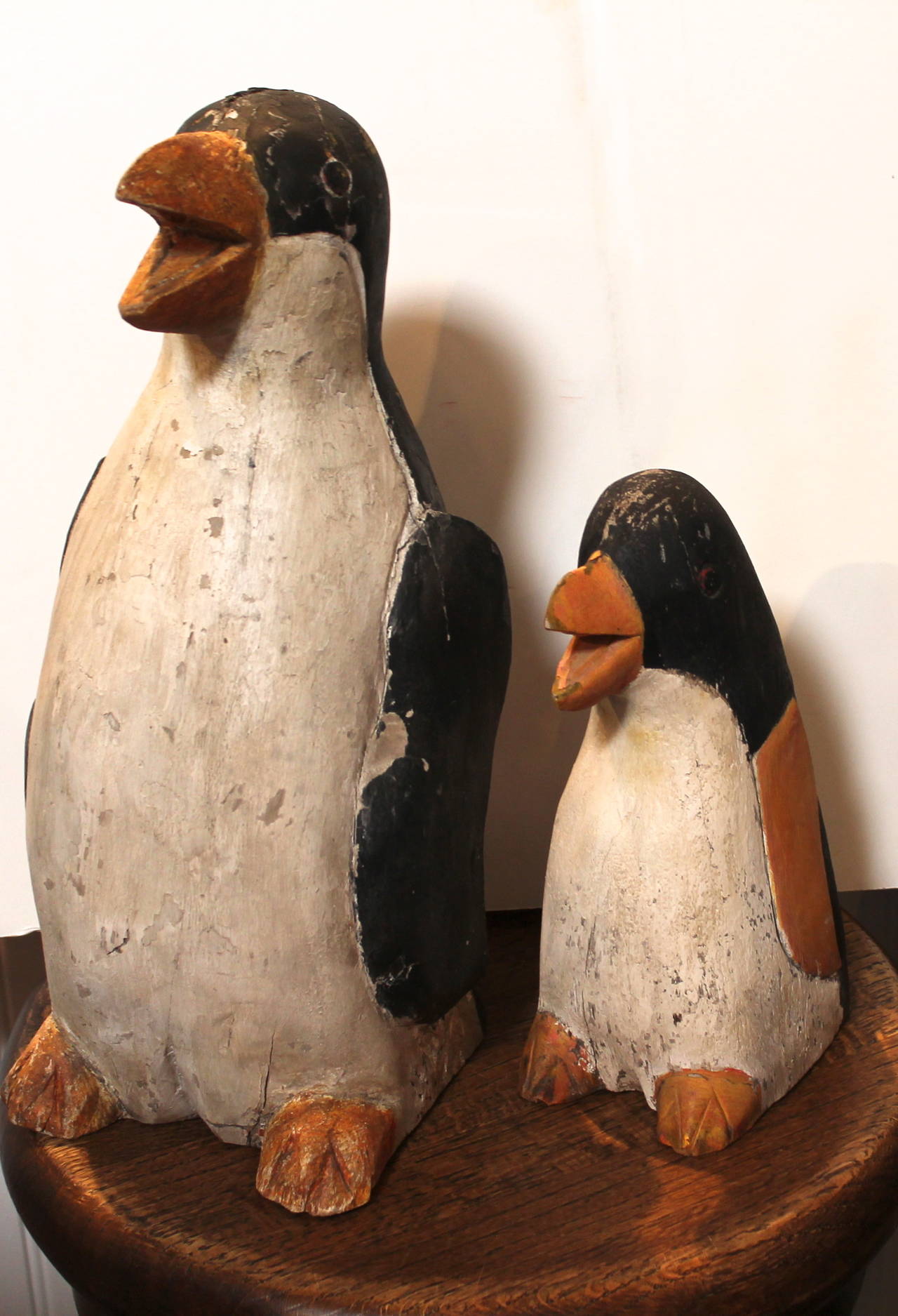Patinated Pair of Folk Art Carved and Painted Penguins