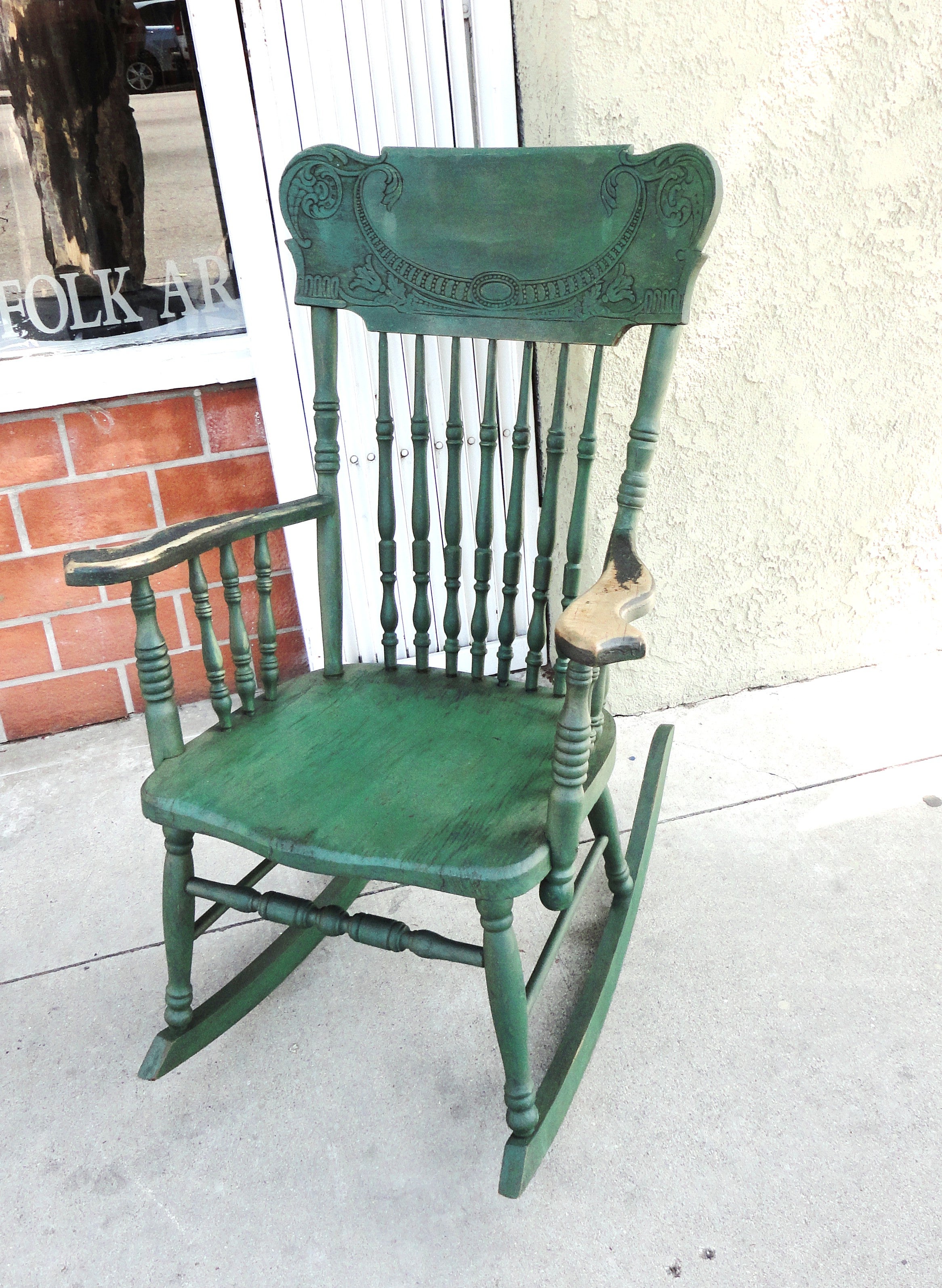 19thc Original Green Rustic Pressed Back Rocking Chair