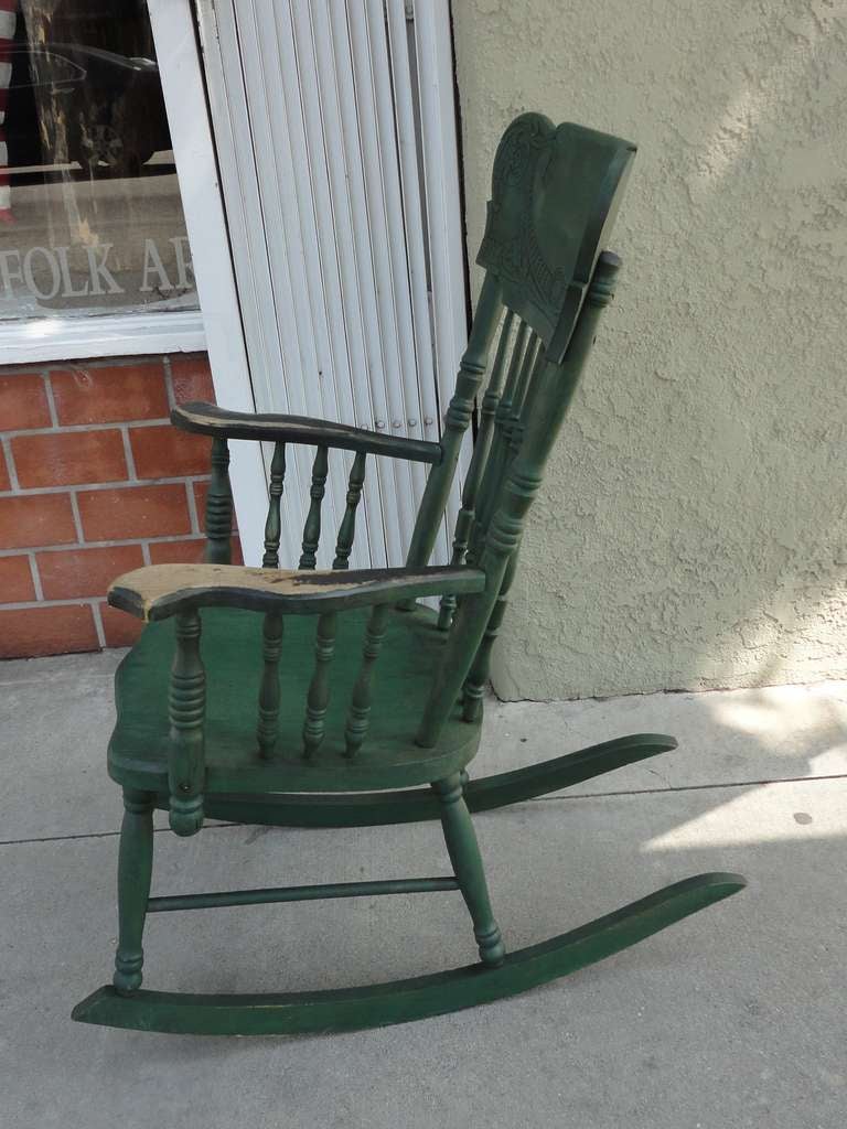 19thc Original Green Rustic Pressed Back Rocking Chair In Distressed Condition In Los Angeles, CA