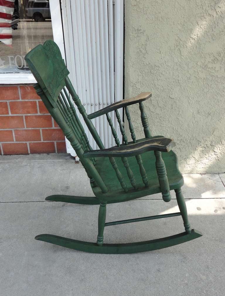 Maple 19thc Original Green Rustic Pressed Back Rocking Chair