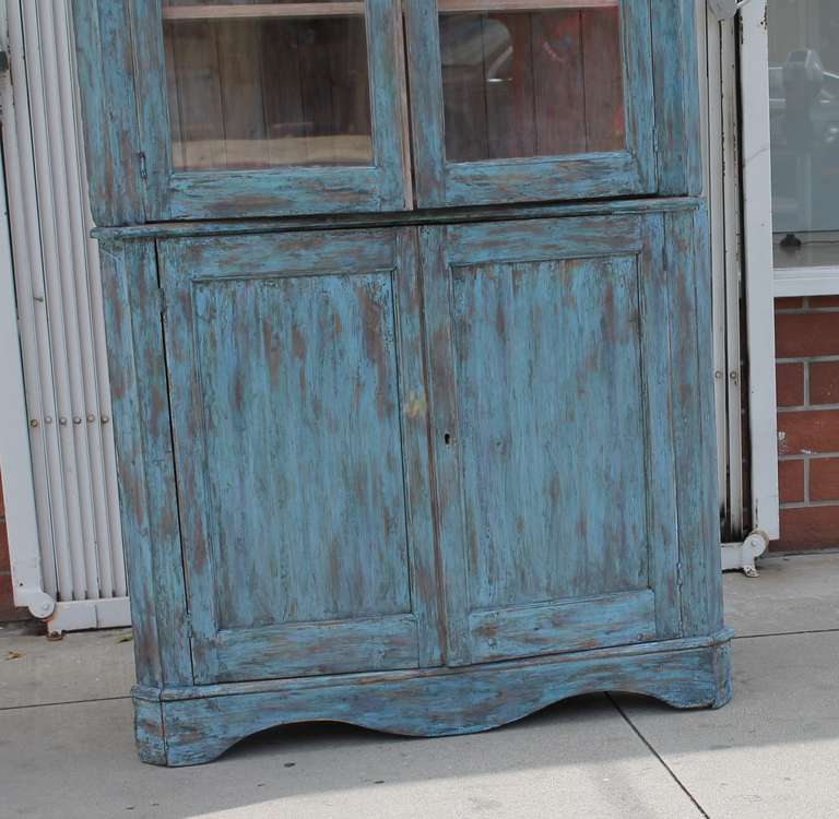 American 19th Century Blue Painted Two Piece Corner Cupboard