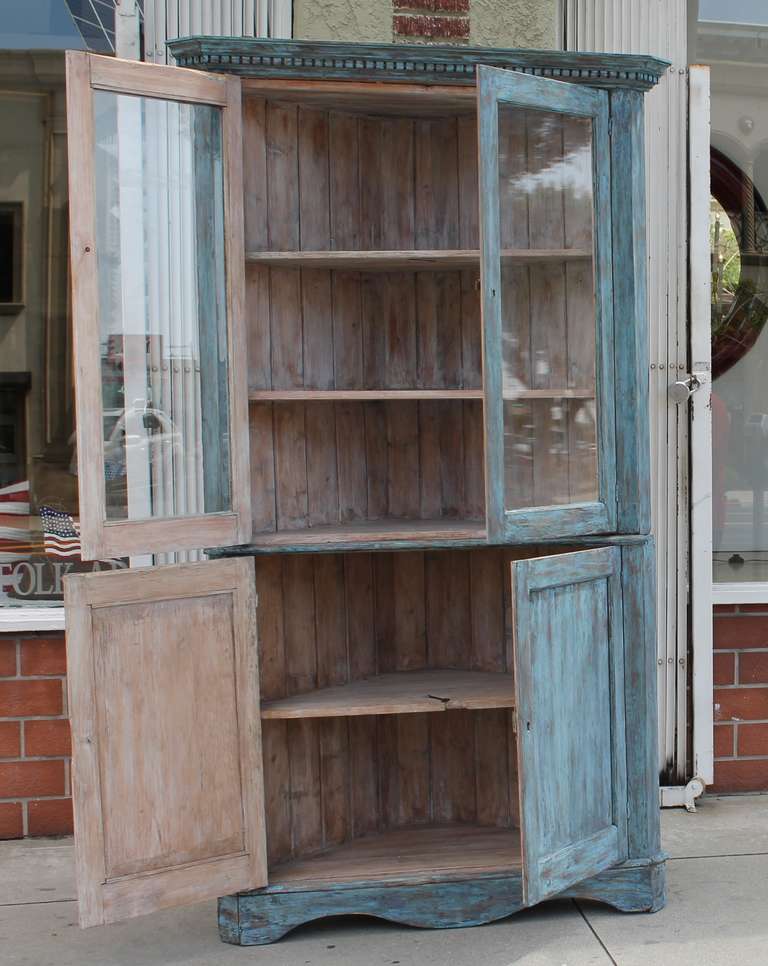 19th Century Blue Painted Two Piece Corner Cupboard In Distressed Condition In Los Angeles, CA
