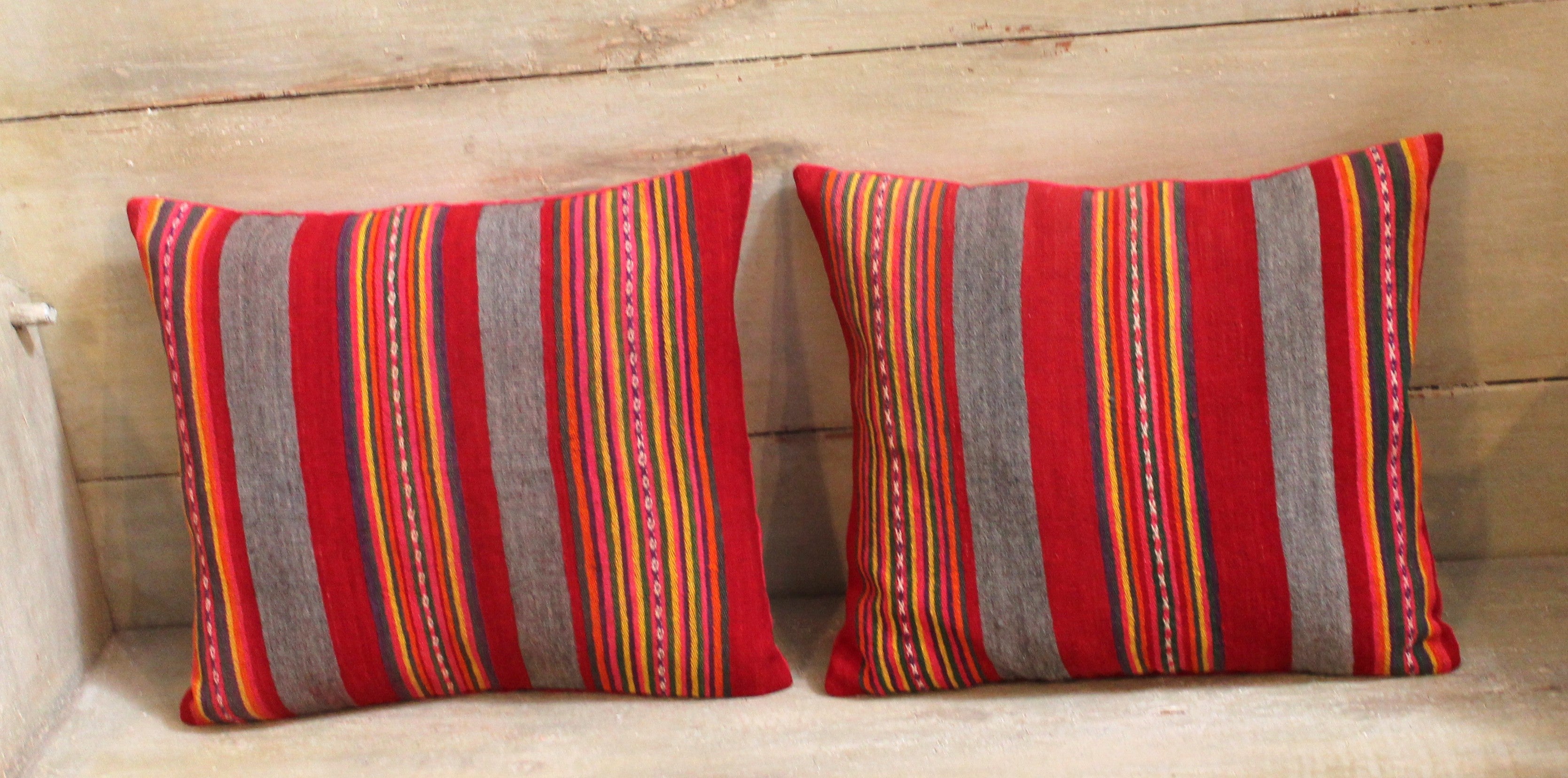 Colorful Pair of Early 20th Century Red and Gray Wool Striped Pillows