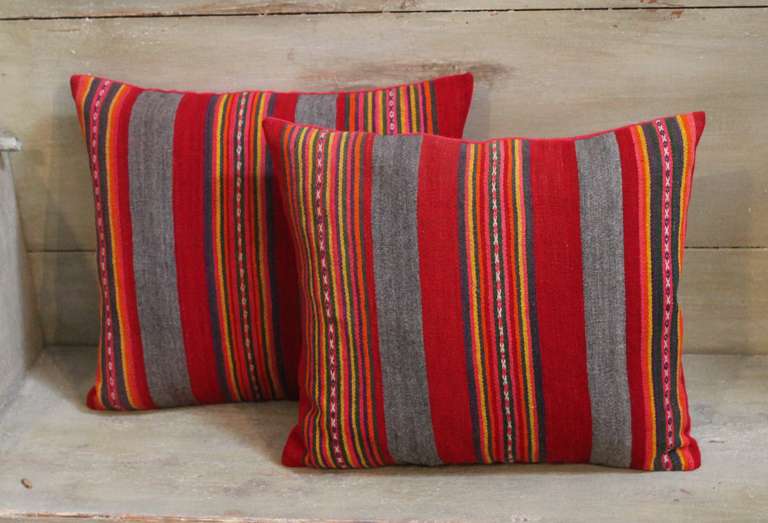 American Colorful Pair of Early 20th Century Red and Gray Wool Striped Pillows