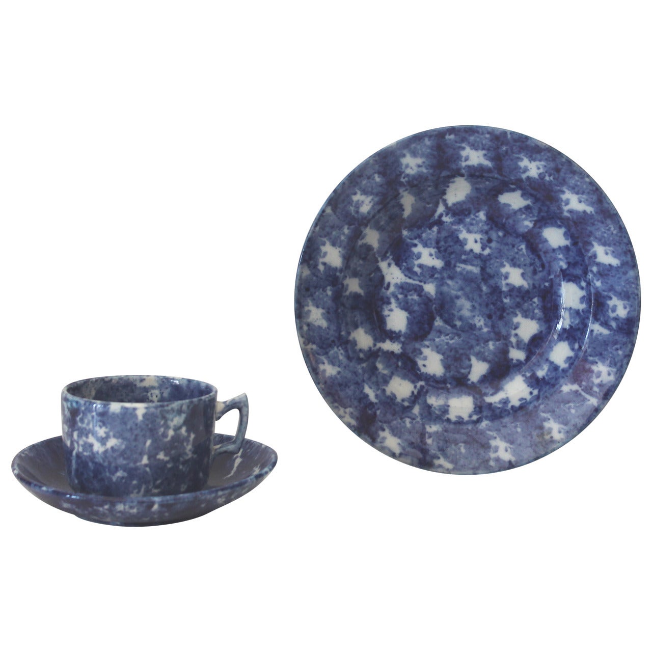 19th Century Spongeware Soup Bowl and Cup and Saucer For Sale