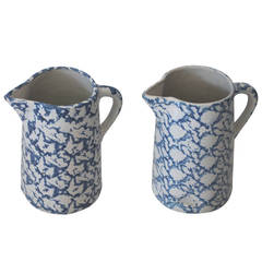 Pair of 19th Century Sponge Ware Pottery Pitchers