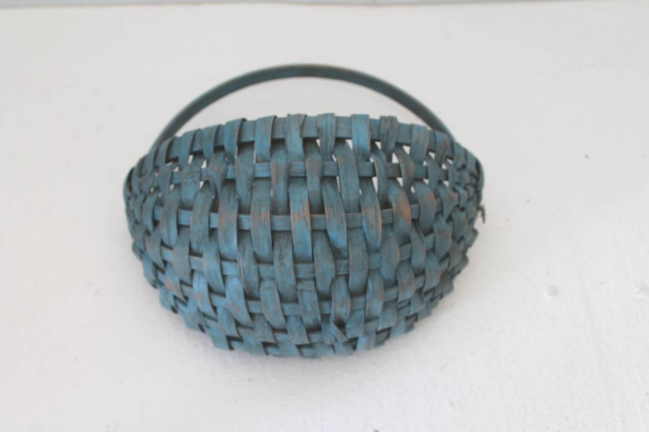 19th Century Original Robin Egg Blue Painted Half Basket In Distressed Condition In Los Angeles, CA