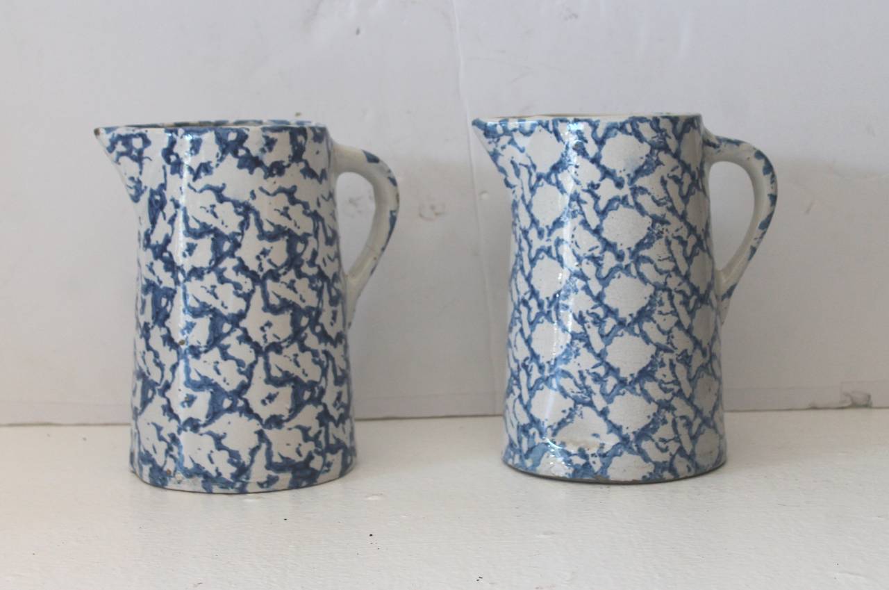 Country Pair of 19th Century Sponge Ware Pottery Pitchers