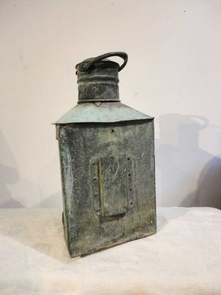 19th Century Copper Carriage or Ship Lantern with Original Glass  In Distressed Condition In Los Angeles, CA