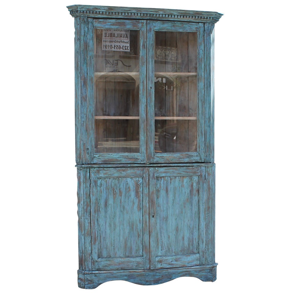 19th Century Blue Painted Two Piece Corner Cupboard