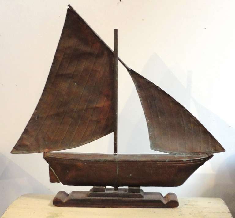 Fantastic 19th Century Handmade Sailboat Weathervane on Wood Mount 1