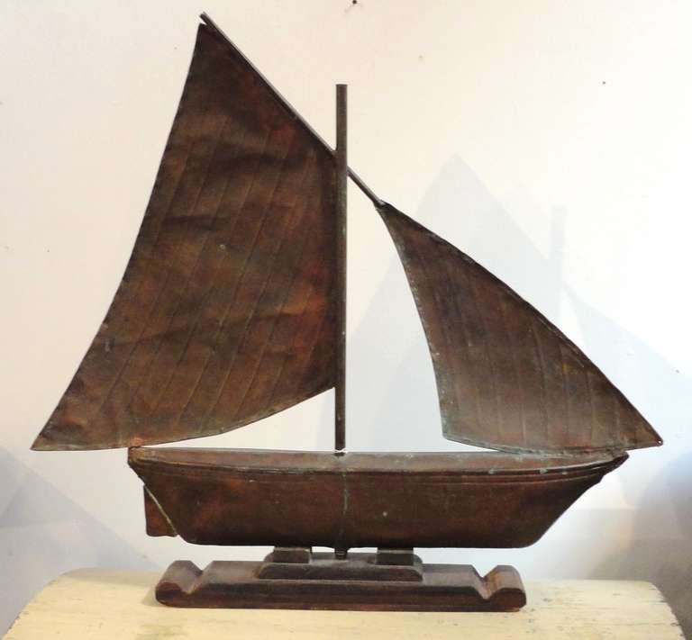 Fantastic 19th Century Handmade Sailboat Weathervane on Wood Mount at