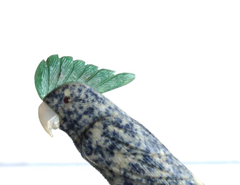 Sodalite and Jadeite Hand Sculpted Gemstone Cocatoo In Excellent Condition In Los Angeles, CA