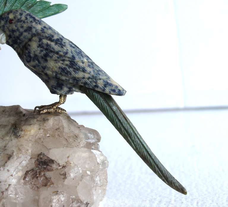 20th Century Sodalite and Jadeite Hand Sculpted Gemstone Cocatoo