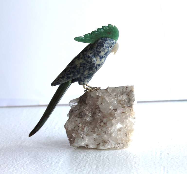 Quartz Sodalite and Jadeite Hand Sculpted Gemstone Cocatoo