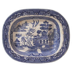 Large 19th Century English Blue Willow Ironstone Meat Platter with Drain