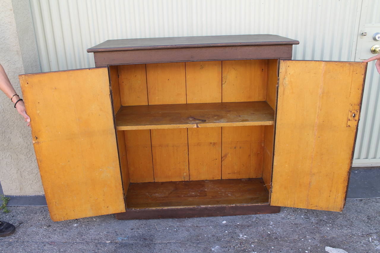 19th Century Wall Cabinet in Original Painted Brown Surface In Distressed Condition For Sale In Los Angeles, CA