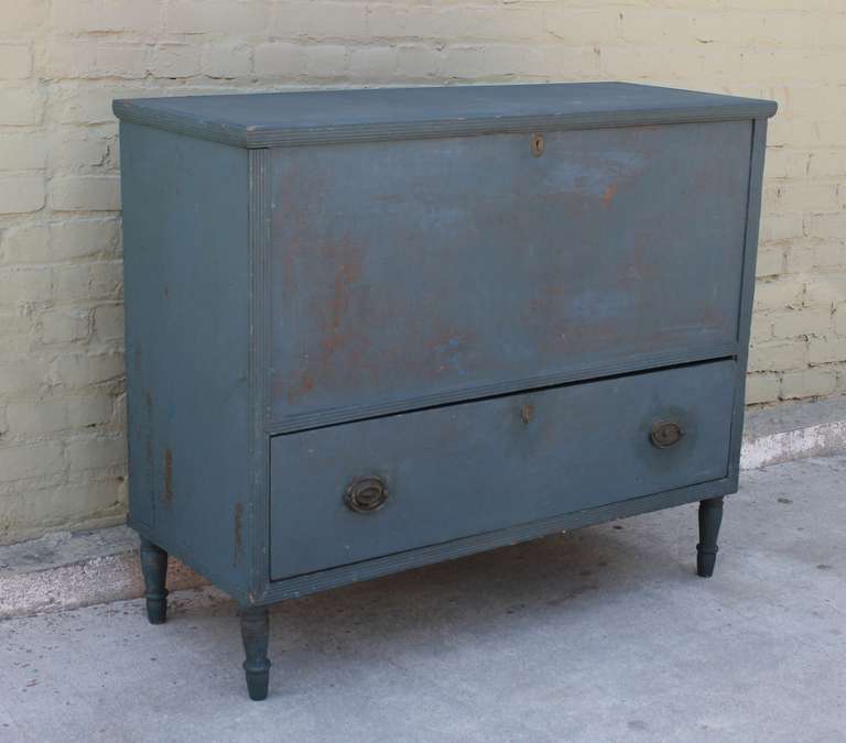American 19th Century New England Original Blue Painted Tall Blanket Chest