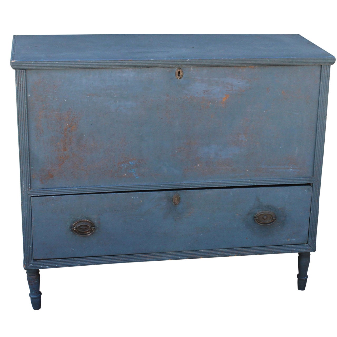 19th Century New England Original Blue Painted Tall Blanket Chest