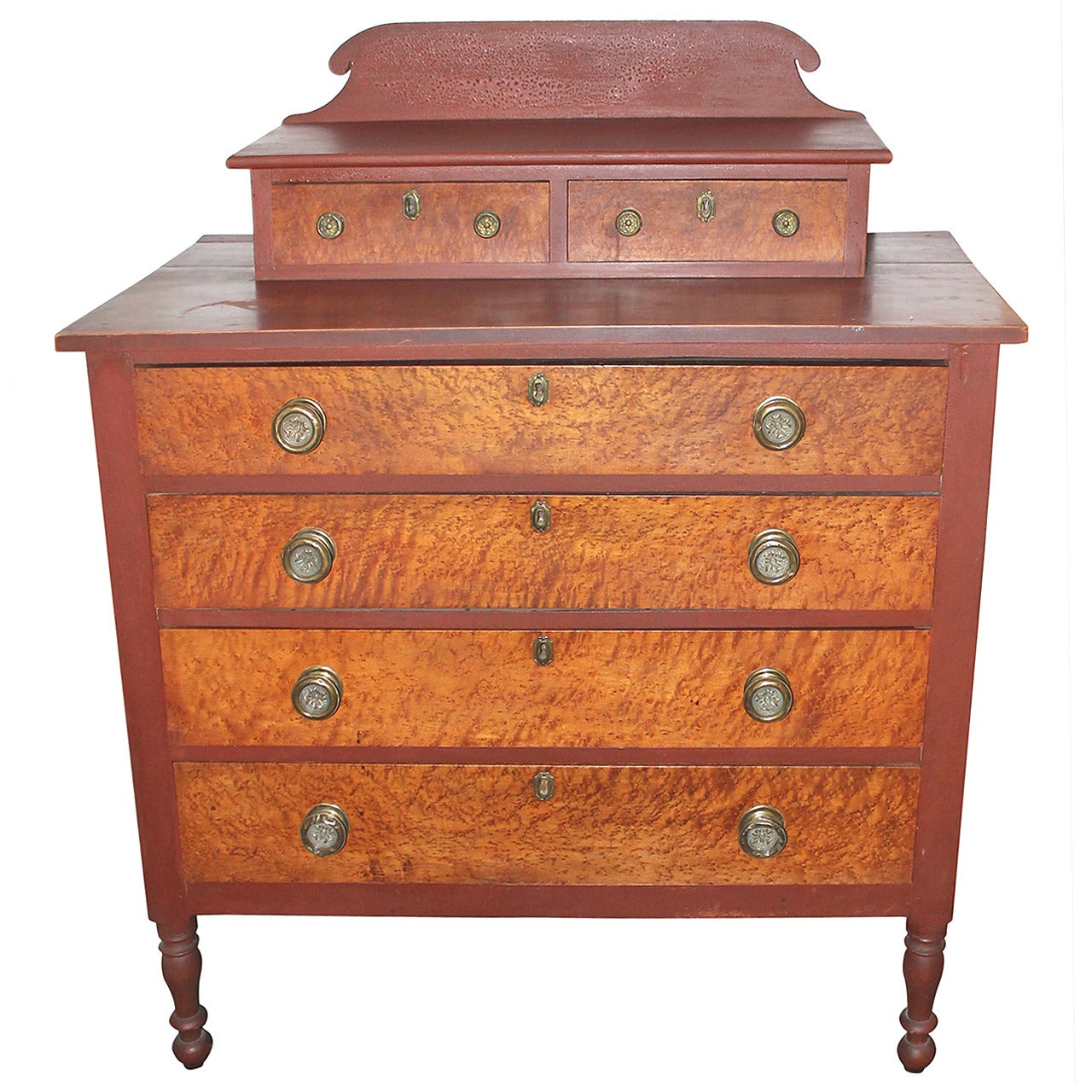 Early 19th Century Red Painted and Bird's-Eye Maple Chest of Drawers from Maine