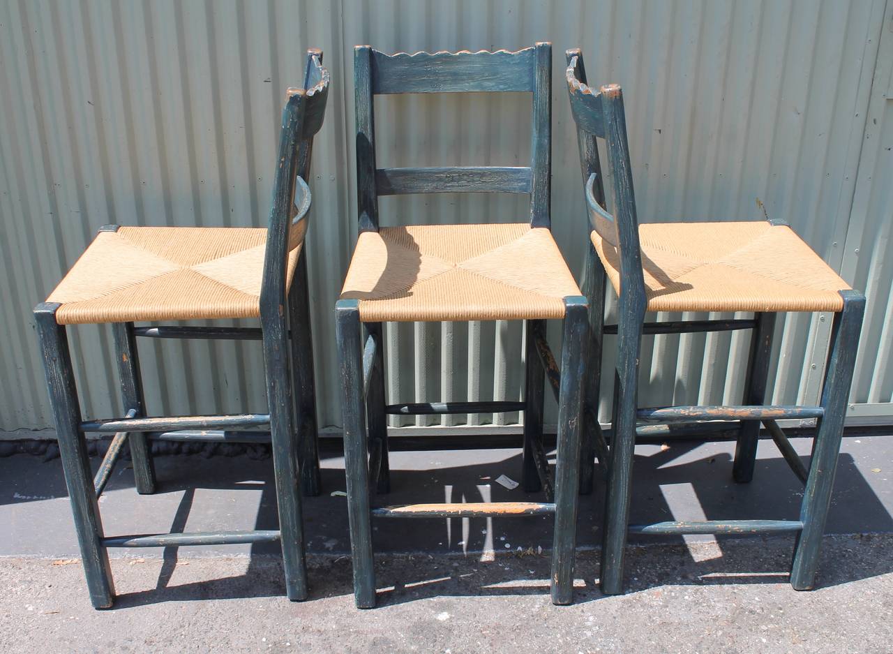 Country Set of Three Original Blue Painted Bar Stools