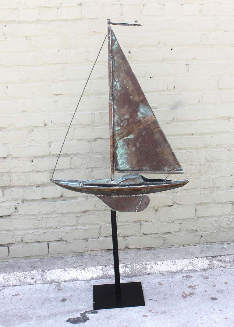 19th c. New England Folk Art Patinaed Copper Sailboat Weather Vane In Excellent Condition In Los Angeles, CA