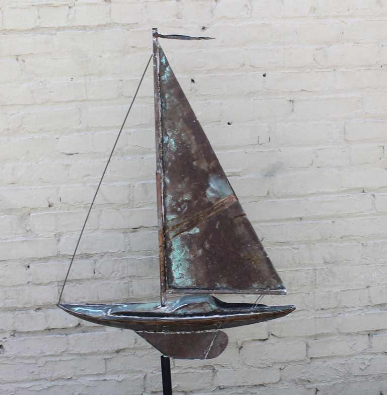 19th Century 19th c. New England Folk Art Patinaed Copper Sailboat Weather Vane