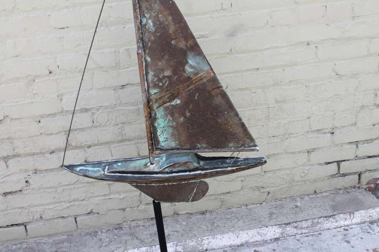 19th c. New England Folk Art Patinaed Copper Sailboat Weather Vane 1