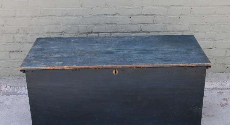 American Mid-19th Century New England Original Blue Painted Blanket Chest